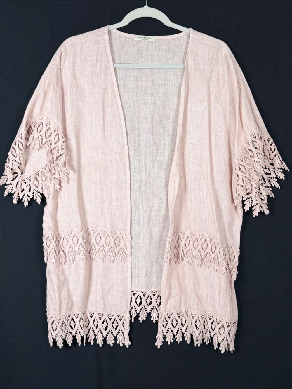 Valentina Pale Pink Crochet-Lace Trim Open Front Cardigan Linen OS Italian